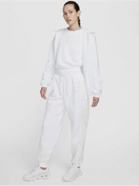 Nike White Track Joggers with Cream faux leather-like side paneling